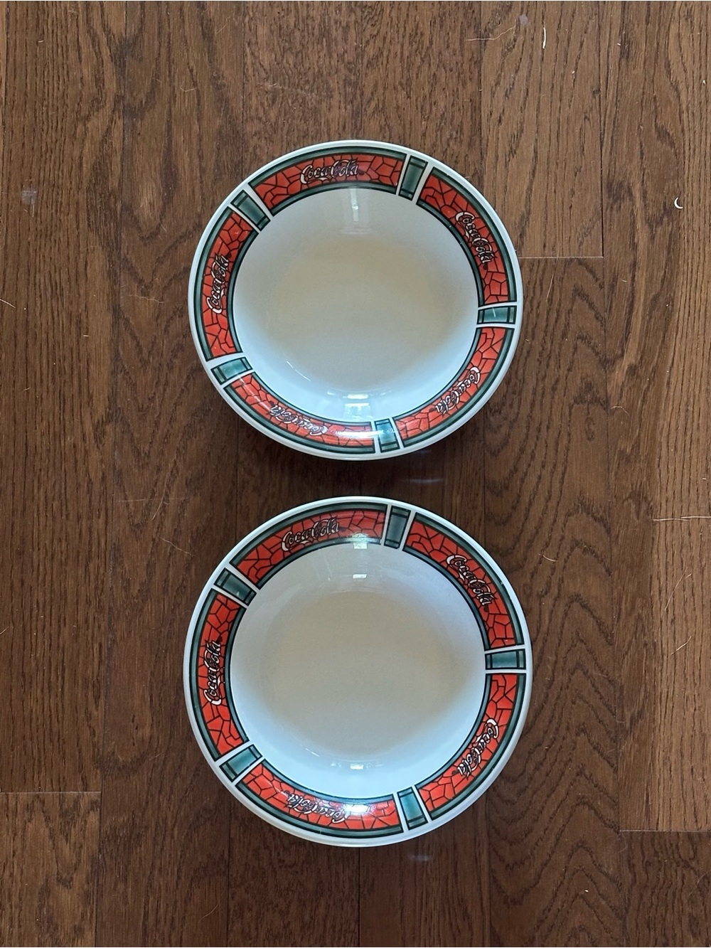2 Vintage Gibson Coca-Cola Traditions Red/Green Stained Glass 6” Bowls